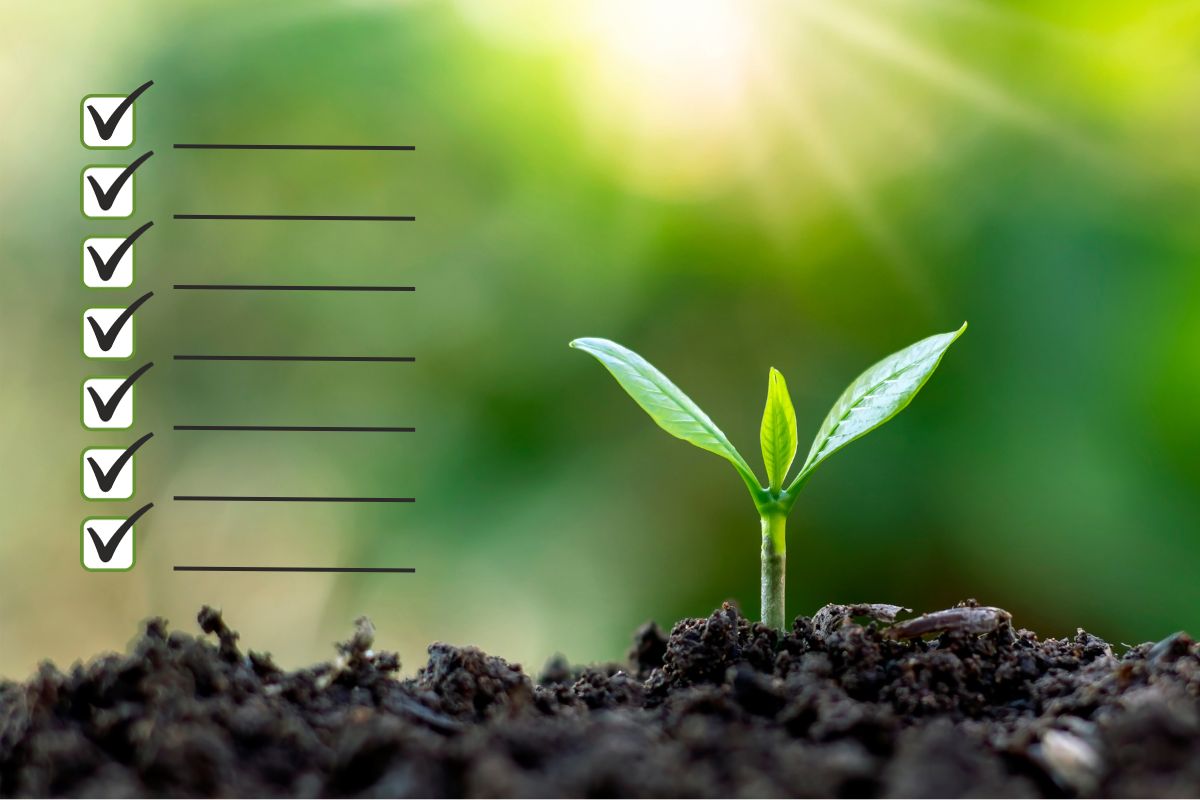 Photo of a seedling in the soil with a blank checklist on the left side of the image.