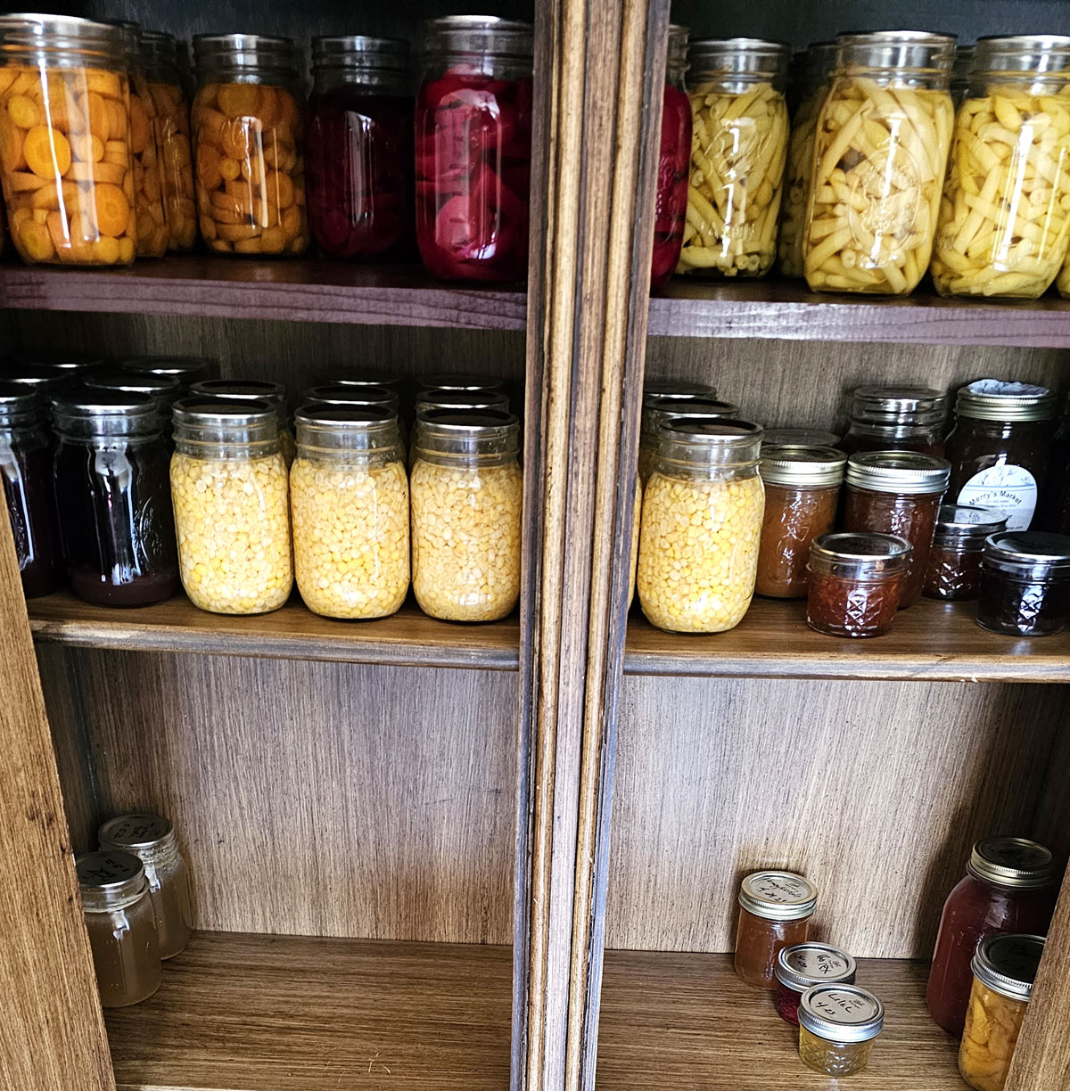 pantry cupboard full of canned fruits and vegetables