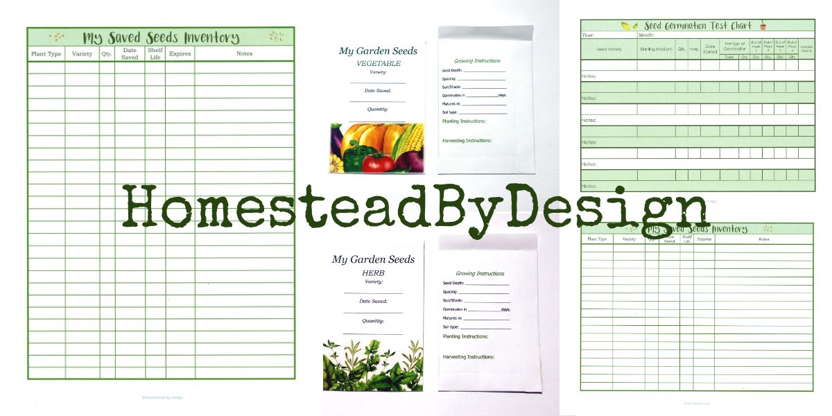 Etsy Shop sign for HomesteadByDesign. Displays several worksheets and seed packets available for sale