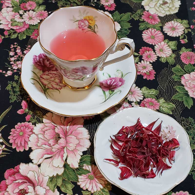 a teacup holding roselle tea with a saucer of dried roselle calyxes next to it, on a pink and green floral tablecloth