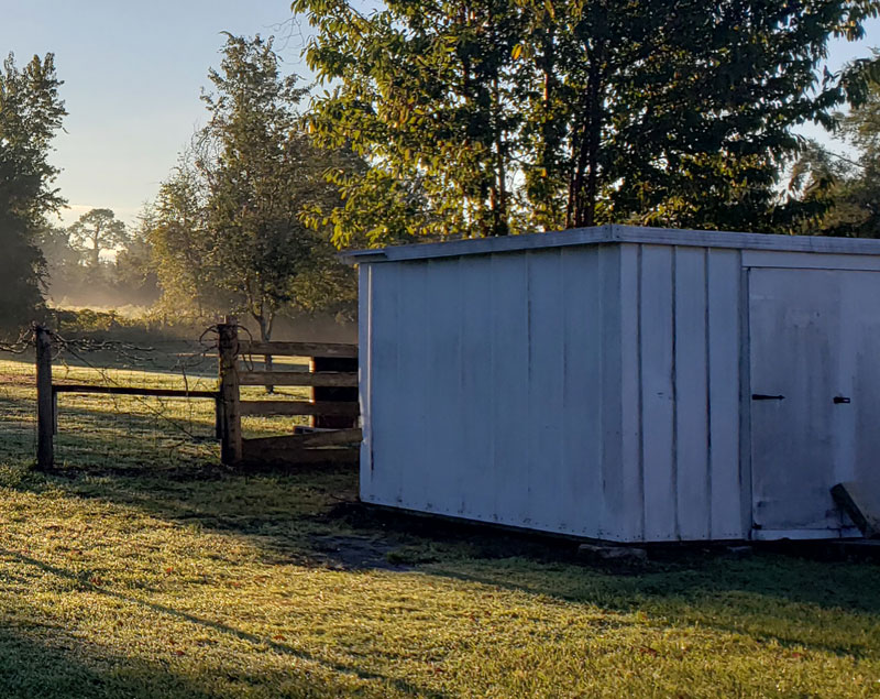 white metal storage shed.