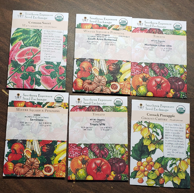 Seed packets from Southern Exposure Seed Exchange