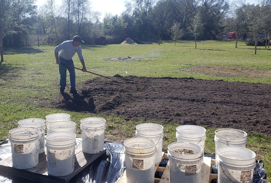 Mike raking a tilled garden plot.