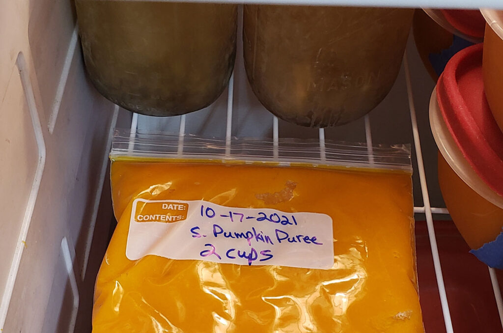 pumkin puree in a quart freezer bag sitting on a shelf in a freezer. The bag is labeled with the date and contents.