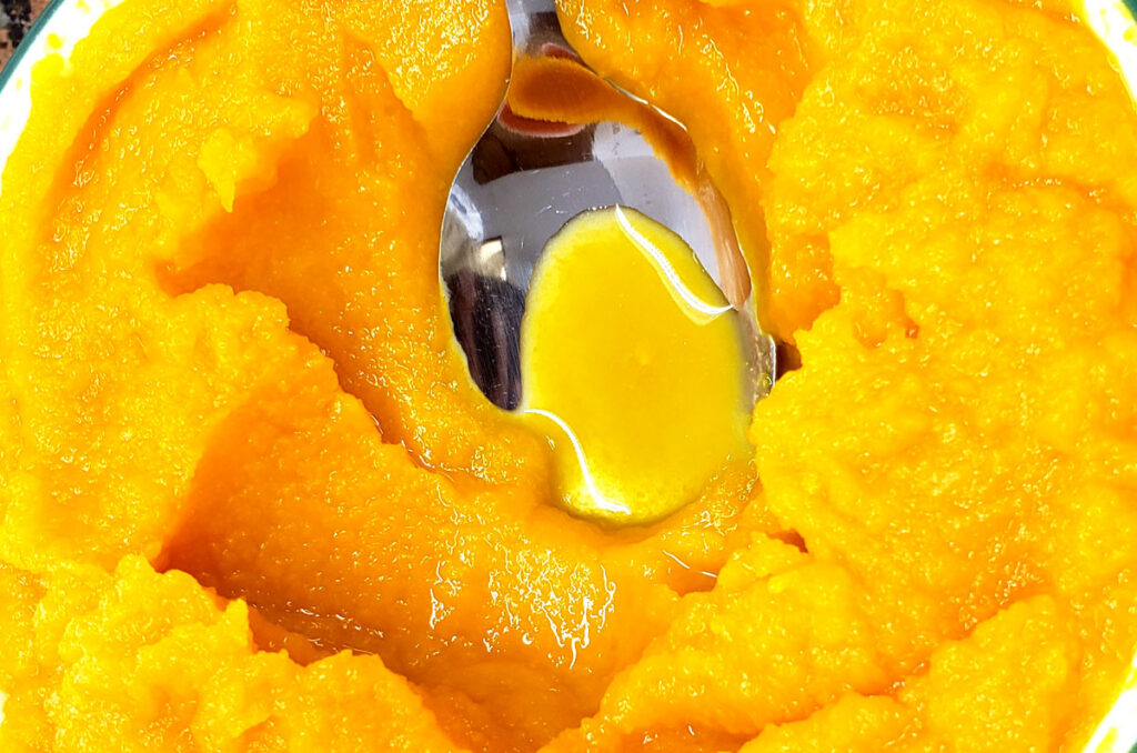 Close-up view of pumpkin juice on a silver spoon against a backdrop of pureed pumpkin.