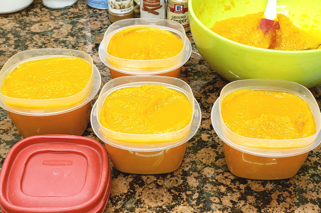 two-cup freezer containers with the lids off, filled with pumpkin puree, sitting on a granite countertop.