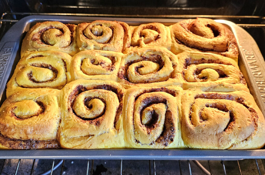 fresh-baked pumpkin cinnamon rolls in a pan on a rack in an oven.