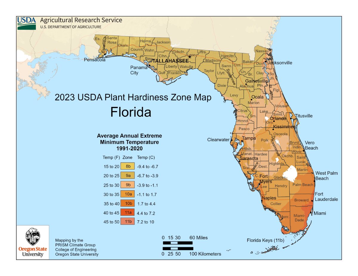 Map of Florida growing zones.