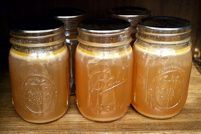 5 pint canning jars full of turkey broth sitting on a wood shelf.