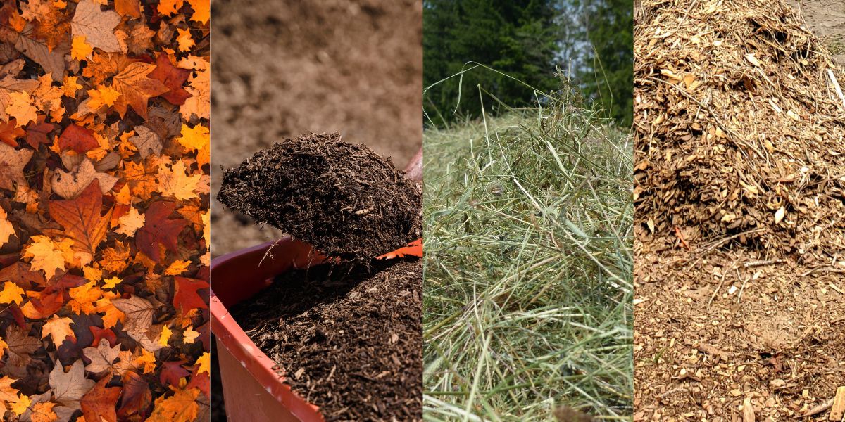 4 images of different types of mulch: leaves, compost, hay, wood chips.