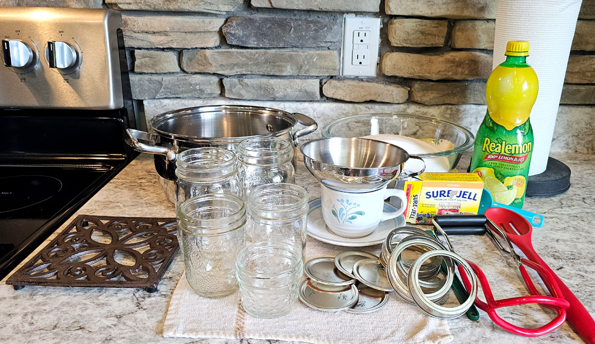 Kitchen counter next to electric glasstop stove with canning tools arranged for processing loquat jam.