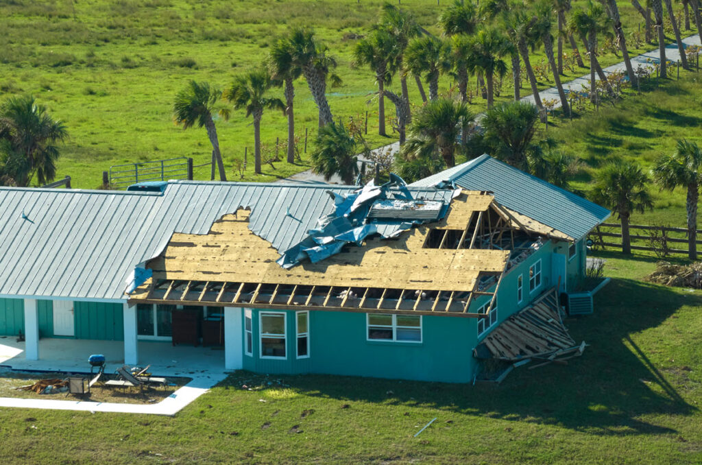 Roof of a one-story home destroyed by a hurricane.