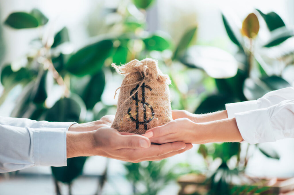 Two hands holding a cloth bag with a dollar sign on it, symbolizing financial freedom.