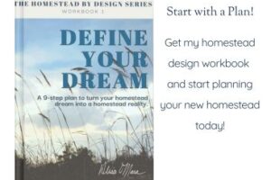 Image of the workbook: Define Your Dream. Text reads: Start With a Plan. Get my homestead design workbook and start planning your new homestead today!