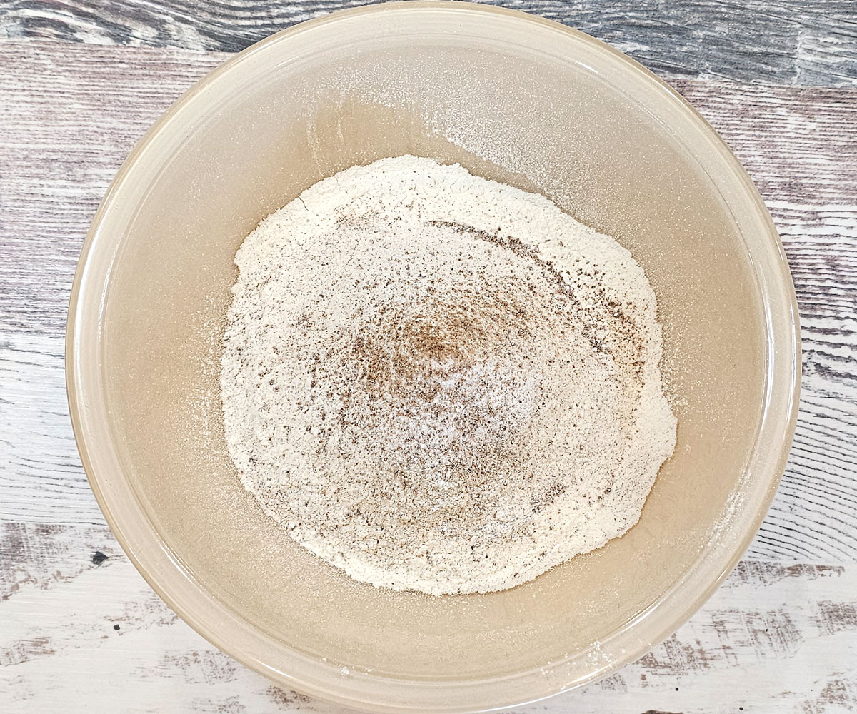 mixing bowl with dry ingredients sifted.