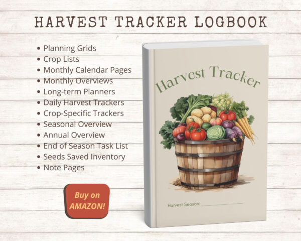 Image of cover of Harvest Tracker logbook with a list of features beside it.