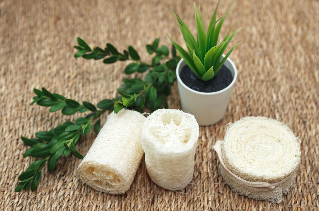 Decorative display of several luffa pieces to be used for bath and beauty purposes.