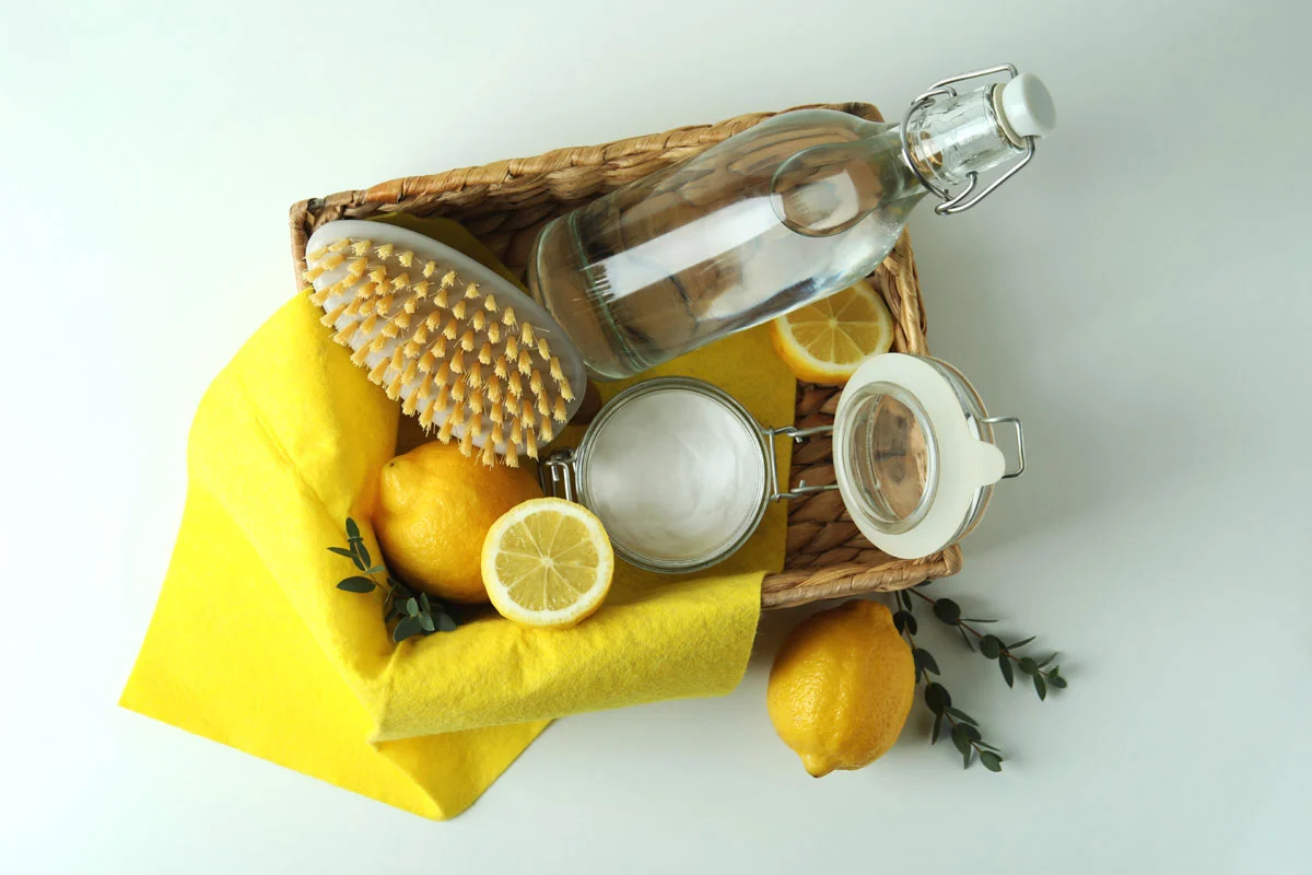 photo of lemon, vinegar, baking soda, and cleaning tools in a basket.