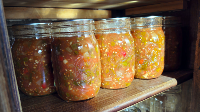 Photo pint jars of canned salsa sitting on a shelf in a canning cupboard.