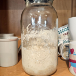 Quart jar 1/3 filled with sourdough starter. Placed in a cupboard full of coffee mugs.